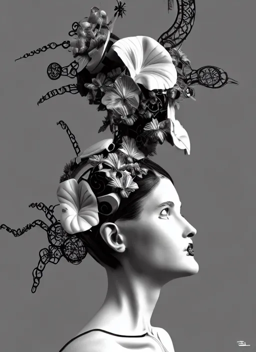 Image similar to black and white 3 d model, biomechanical female cyborg with porcelain profile face and a big floral eye, big leaves foliage and stems, morning glory flowers, hibiscus flowers, boho floral vines, sinuous fine roots, fine filigree foliage lace, alexander mcqueen, rim light, art nouveau fashion pearl embroidered, steampunk, redshift render, 8 k