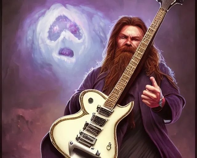 Image similar to smooth mcgroove in arcane tv series, holding a white randy rhoads guitar rr 1, deep focus, d & d, fantasy, intricate, elegant, highly detailed, digital painting, artstation, concept art, matte, sharp focus, illustration, hearthstone, art by artgerm and greg rutkowski and alphonse mucha