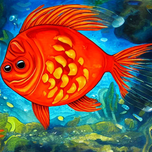 Image similar to very high detailed painting of a small orange fish swimming in a bubble