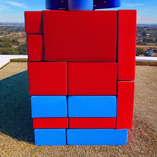 Image similar to ( ( red cube ) at the top of tower ), ( ( blue cube ) on the ground )