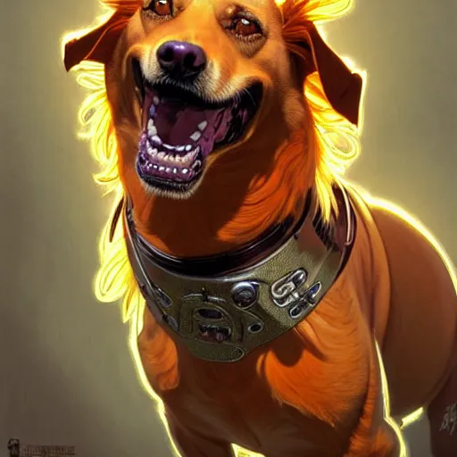 Image similar to orange and brown skinned dog with crazed eyes, and a strained toothy grin smile. has spiky long unwashed hair. he wears a metalic dog collar, smooth, sharp focus, illustration, art by artgerm and greg rutkowski and alphonse mucha