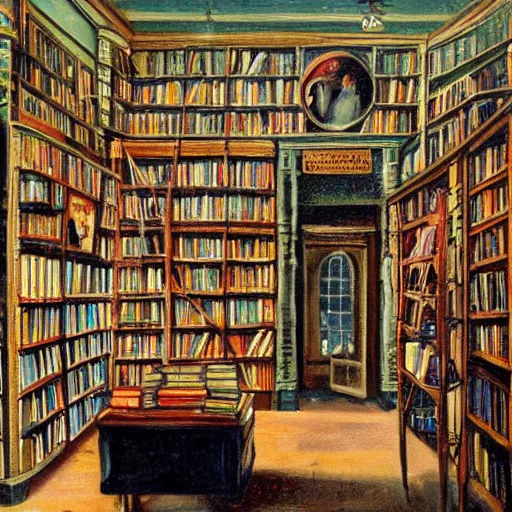 Image similar to magic victorian bookshop painting