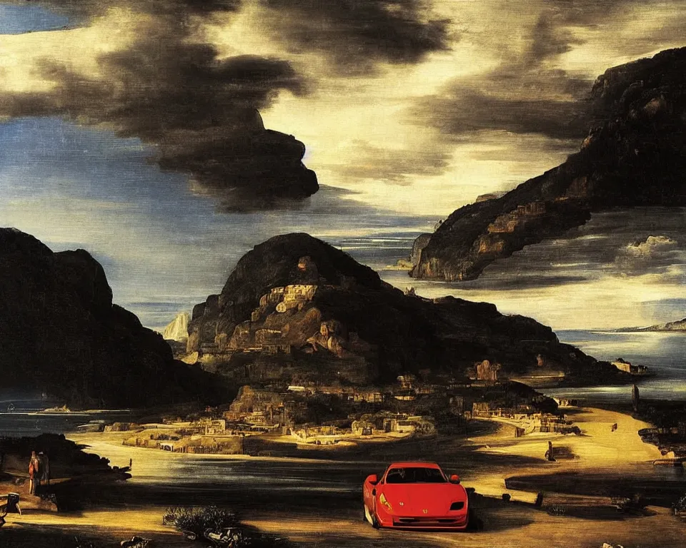 Prompt: a magnificent oil painting of a Ferrari driving along the amalfi coast, in a thunderstorm, by Raphael and Caravaggio.