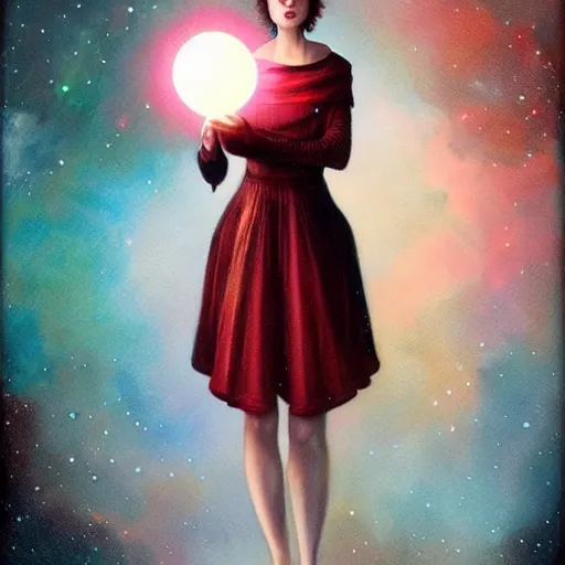 Prompt: the designer of the universe, woman holding a bright ball in her hand, in the style of tom bagshaw