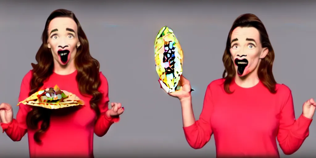 Prompt: old distorted camcorder video of miranda sings holding a taco, multiple poses, video still from miranda sings youtube videos