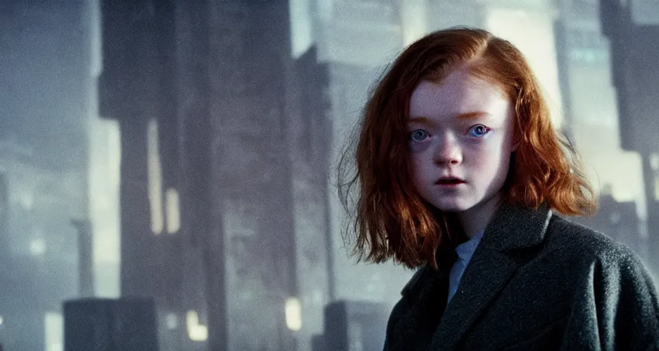 Image similar to sadie sink with very short hair in oversized man's coat : a still from a scifi dystopian cyberpunk film from 1 9 8 0 s. by steven spielberg, robert zemeckis, francis ford coppola, james cameron. 6 5 mm low grain film stock. sharp focus, realistic facial expression, perfect anatomy, global illumination, radiant light, detailed and intricate environment, trending on artstation