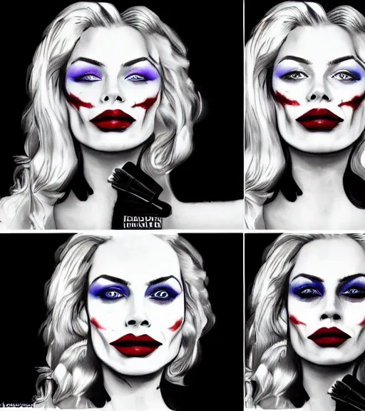 Image similar to tattoo design sketch of beautiful margot robbie portrait with joker makeup, in the style of den yakovlev, realistic face, black and white, realism tattoo, hyper realistic, highly detailed