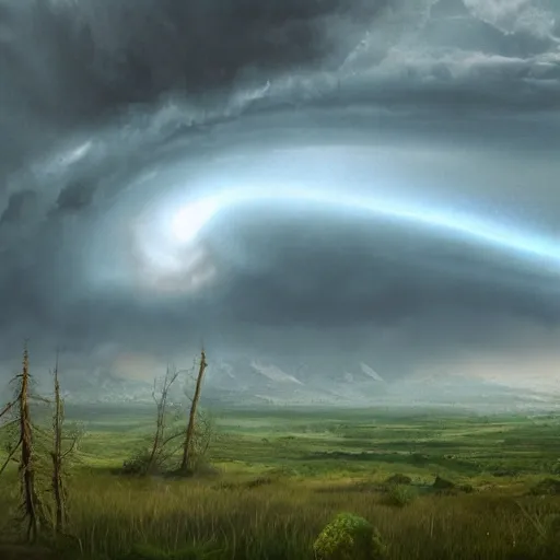 Image similar to a tornado in the distant landscape, hdr, artstation, shuttershock, 4 dimensions