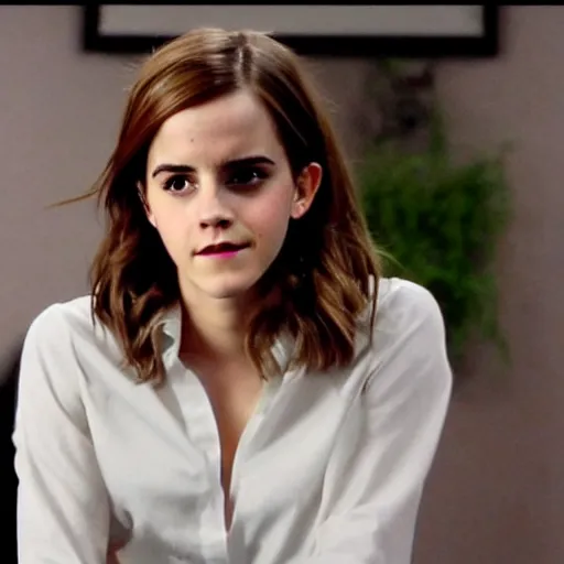 Prompt: emma watson giving the camera a Jim halpert look from the TV show The Office