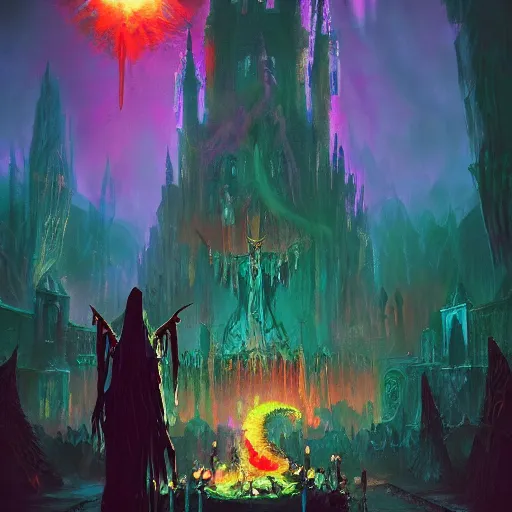 Prompt: bloody vampire princess summons burning demon serious colorful gothic ceremony 4 k high definition soft diffuse lighting artstation trending path traced contrast light and dark colorful bokeh massive scale cinematic breathtaking lovecraftian horror nightmare apocalypse cataclysm by paul lehr