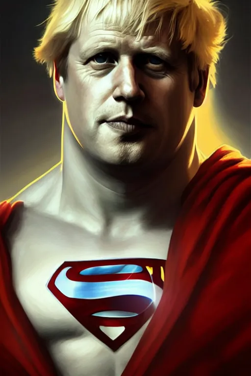 Image similar to Boris Johnson as Superman,realistic portrait, symmetrical, highly detailed, digital painting, artstation, concept art, smooth, sharp focus, illustration, cinematic lighting, art by artgerm and greg rutkowski and alphonse mucha