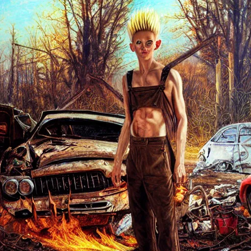 Prompt: a skinny elf with spiky blonde hair wearing dark brown overalls and holding dynamite standing next to a destroyed car, painting by Mark Arian