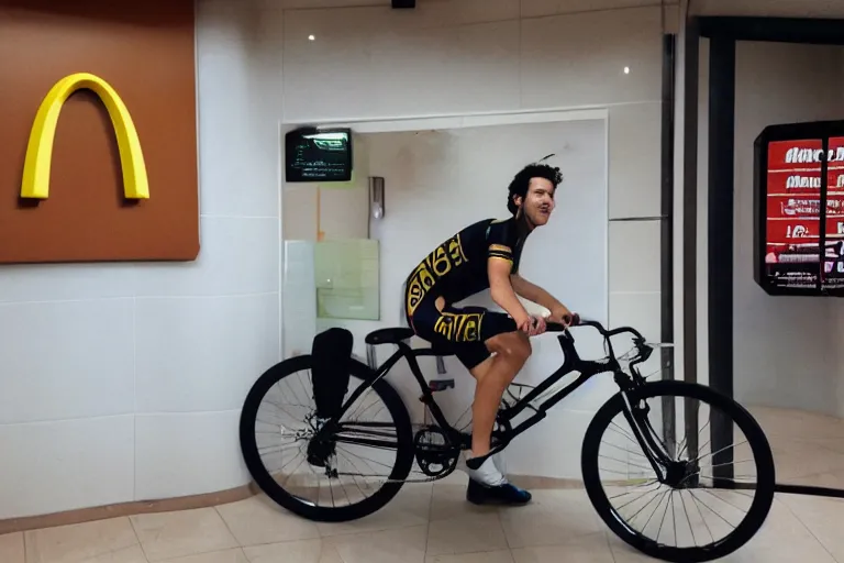 Image similar to cyclist in toilet!!! inside mcdonalds is eating donuts!!! and drinking yerba!!! mate