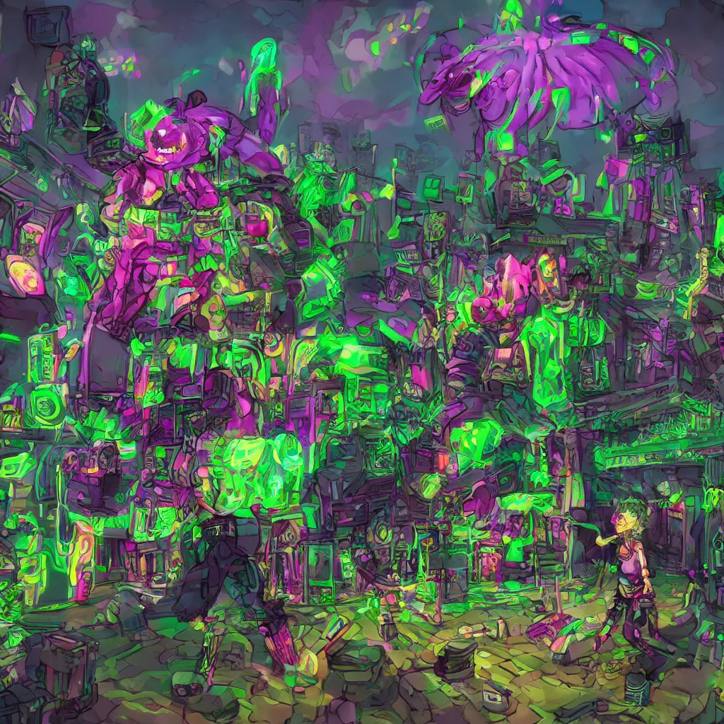 Prompt: a punk monster made of toxic candy play in the metaverse, 16 K 3D ultrarealistic futuristic utopian and dystopian art, cry engine