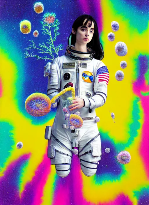 Prompt: hyper detailed render - kawaii portrait (astronaut, suit, chrome dino, porcelain forcefield, looks like Krysten Ritter) Eating Strangling network yellowcake aerochrome watercolor and milky Fruit and His delicate Hands hold gossamer polyp bring iridescent fungal flowers dress