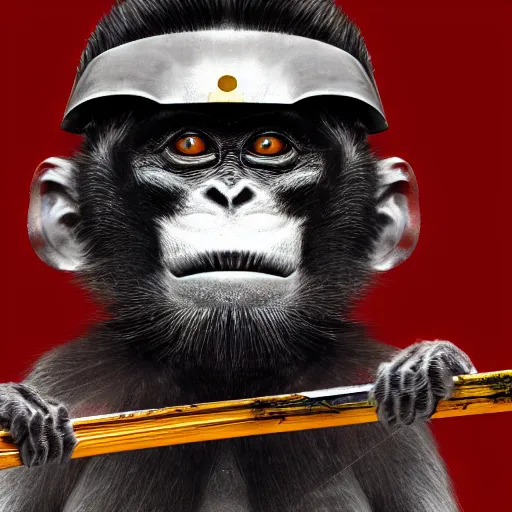 Image similar to Sumi-e painting of a monkey, wearing traditional samurai armor, helmet and mempo, welding a katana, octane render, hyper realistic, full body shot, rendered in 8K resolution, black ink painting