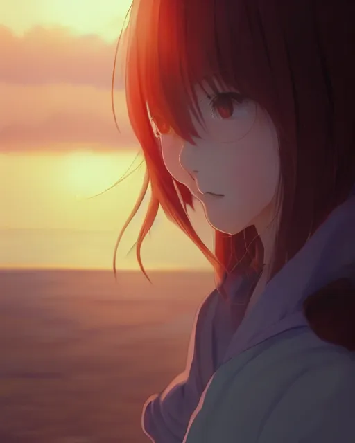 Prompt: kyoto animation, woman looking at sunset, beautiful, detailed portrait, cell shaded, 4 k, concept art, by wlop, ilya kuvshinov, artgerm, krenz cushart, greg rutkowski, pixiv. cinematic dramatic atmosphere, sharp focus, volumetric lighting, cinematic lighting, studio quality