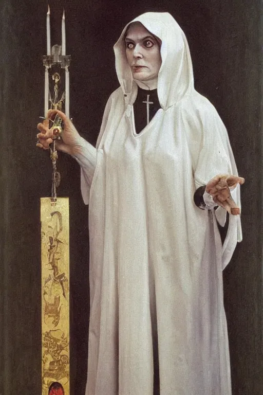 Image similar to portrait, vampire nun, opulent silver embroidered habit, art by jacek malczewski