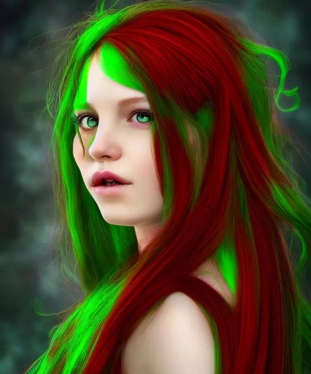 Image similar to Fae teenage girl, portrait, face, long red hair, green highlights, fantasy, intricate, elegant