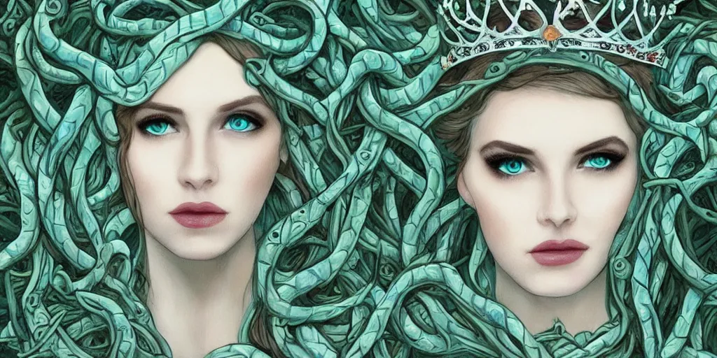 Prompt: queen of snakes, pale blue skin and emerald eyes, wearing a crown of vines