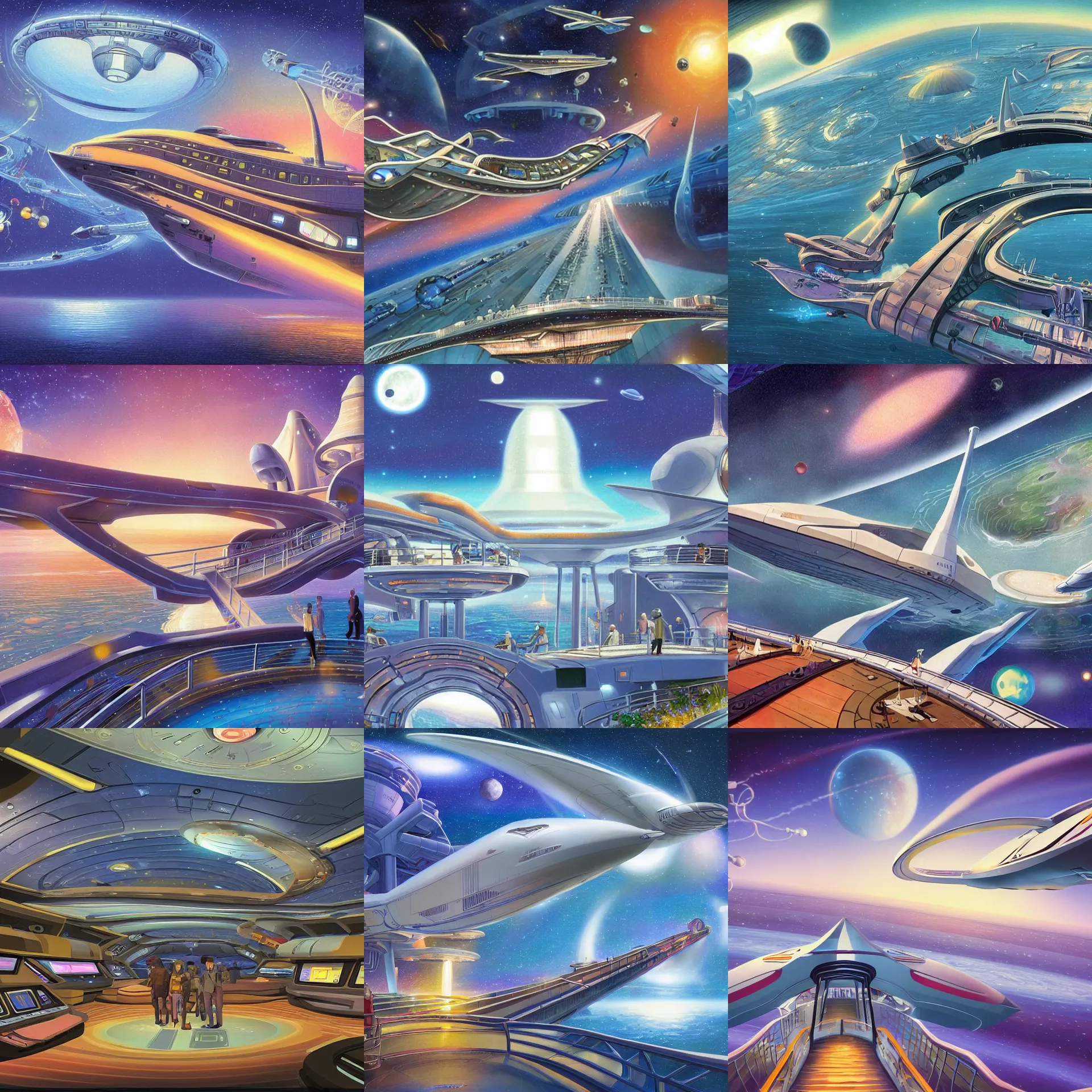 Prompt: the main bridge onboard a large passenger cruise spaceship, from a space themed lucasarts point and click 2 d graphic adventure game, art inspired by thomas kinkade
