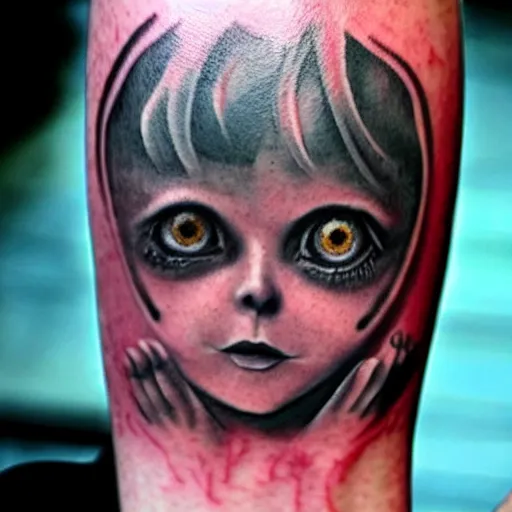 Prompt: tattoo of a creepy child, dark, scary, horror, high detail