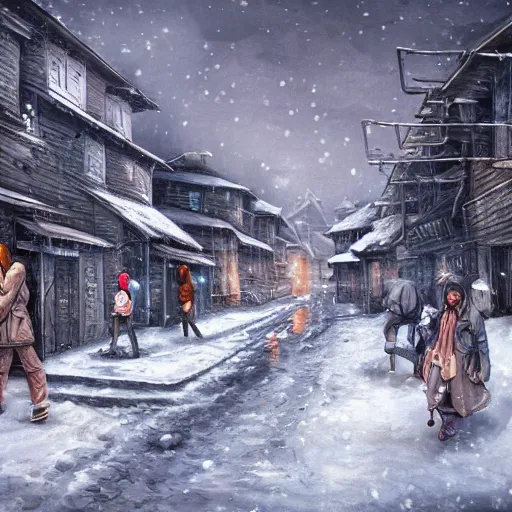 Image similar to a group of friends in a snowy village, dynamic composition, motion, ultra-detailed, incredibly detailed, a lot of details, amazing fine details and brush strokes, colorful and grayish palette, smooth, HD semirealistic anime CG concept art digital painting, watercolor oil painting of Clean and detailed post-cyberpunk sci-fi, relaxing, calm and mysterious vibes,, by a Chinese artist at ArtStation, by Huang Guangjian, Fenghua Zhong, Ruan Jia, Xin Jin and Wei Chang. Realistic artwork of a Chinese videogame, gradients.,set in half-life 2, dynamic composition, beautiful with eerie vibes, very inspirational, very stylish, with gradients, surrealistic, dystopia, postapocalyptic vibes, depth of field, mist, rich cinematic atmosphere, perfect digital art, mystical journey in strange world
