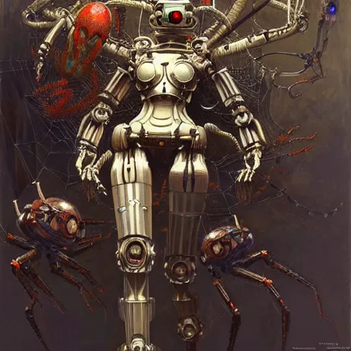 Image similar to highly detailed robot in the form of a spider, art by donato giancola, eugene delacroix, ruan jia, carl larsson, peter mohrbacher. trending on artstation, intricate details, energetic composition,, concept art, illustration, elegant art, global illuminaition