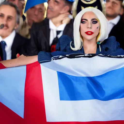 Image similar to Lady Gaga as president, Argentina presidential rally, Argentine flags behind, bokeh, giving a speech, detailed face, Argentina