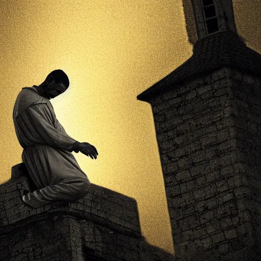 Image similar to Close-up of a terrified catholic priest in his thirties on the roof of a medieval tower watching in fear as an ominous yellow shadow descends upon him from the night sky. He is fervently praying but his eyes are wide open with fear. Low angle angle, dramatic lighting. Award-winning digital art, trending on ArtStation