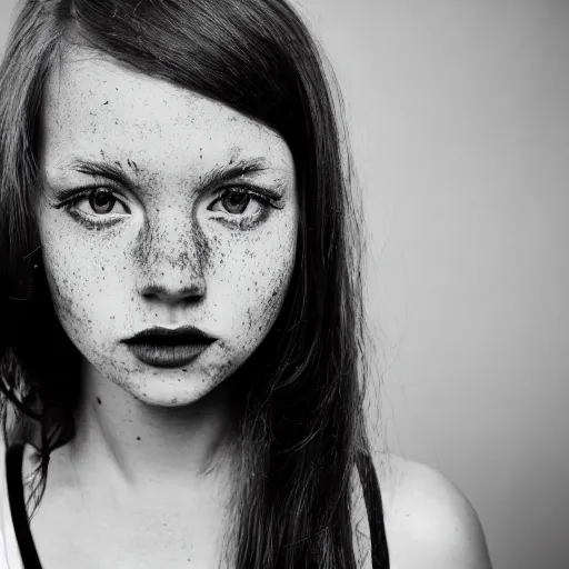 Image similar to black & white portrait of a red-haired girl with freckles, high quality, high detailed, 35mm lens, black background