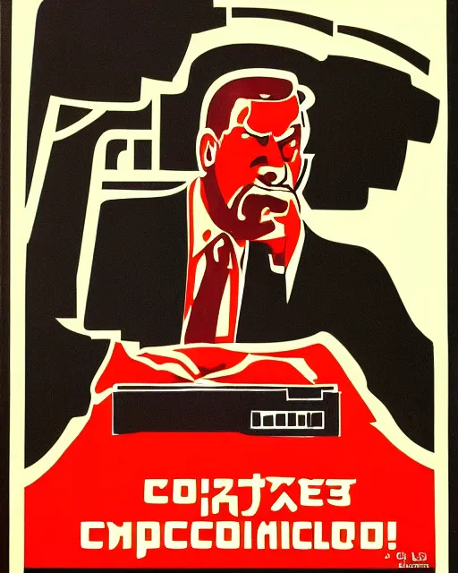 Image similar to soviet propaganda poster of an angry communist developer yelling at his computer