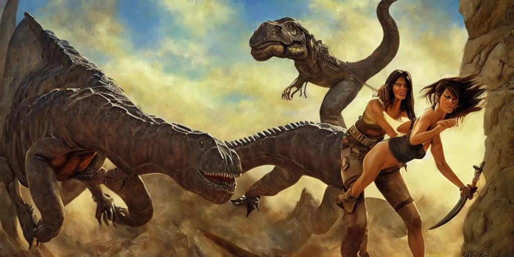 Image similar to Sandra Bullock as Lara Croft mounted and riding a large dinosaur, Boris Vallejo, Julie Bell