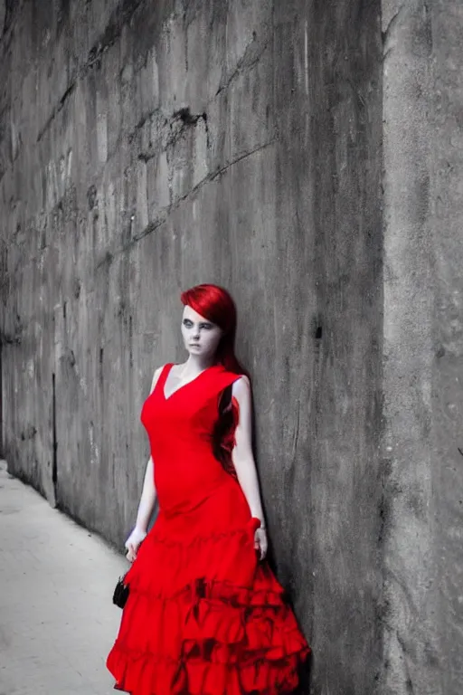 Image similar to beautiful girl in red dress cyberpunk style by johanna, martine