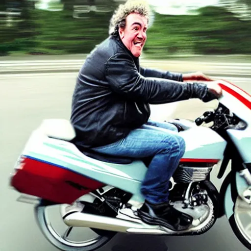Prompt: jeremy clarkson riding a motorcycle smiling, hyper realistic, photorealistic