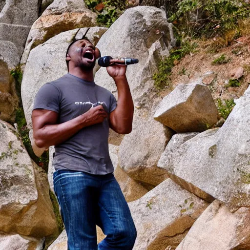 Prompt: dwayne jonson standing on a rock and singing in a rock concert