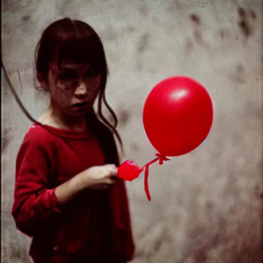 Prompt: dystopian grunge disposable camera photo of a possessed little girl holding a red balloon | horror | nightmare