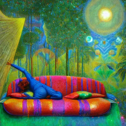 Image similar to psychedelic couch sofa in the lush forest, milky way, designed by arnold bocklin, jules bastien - lepage, tarsila do amaral, wayne barlowe and gustave baumann, cheval michael, trending on artstation, mediterranean, star, sharp focus, colorful refracted sparkles and lines, soft light, 8 k 4 k