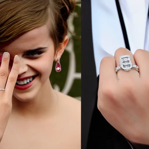 Image similar to A photo of laugh emma watson show wedding ring on his fingers. 50 mm. perfect ring. award winning photography