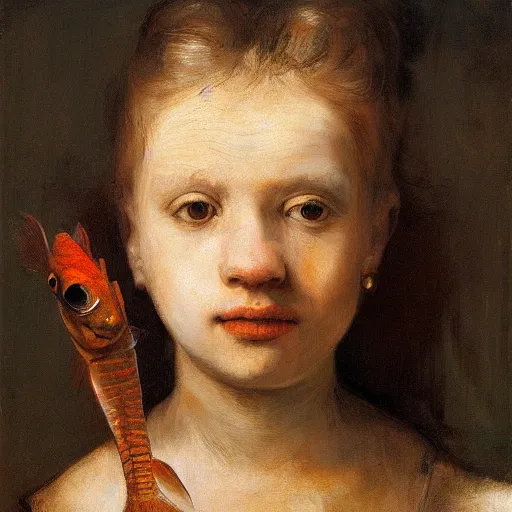 Prompt: portrait of a fish girl looking at the viewer, fish face, crocodile head, fish, classical painting, rembrandt, lucian freud, photorealistic lighting, hd, high quality, high detail