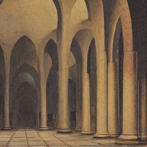 Prompt: pieter s aenredam interior of an occult temple of dagon. arcade of arches