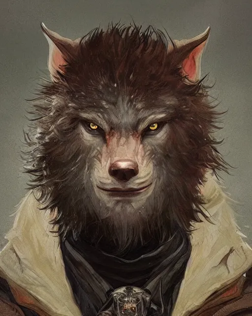 Prompt: '' Face portrait of a handsome werewolf with a black leather coat, short hair , fantasy, d&d, high detail, digital painting, artstation, concept art, sharp focus, illustration, art by greg rutkowski and alphonse mucha ''