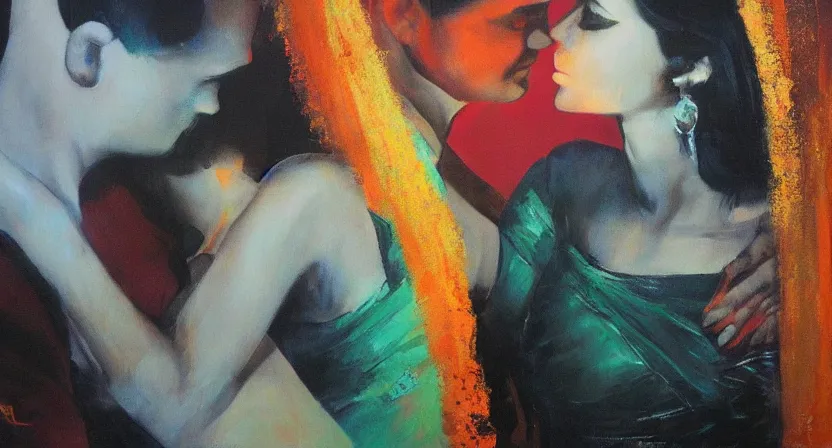 Image similar to people kissing, artwork by salman toor, cinematic light, atmospheric effects