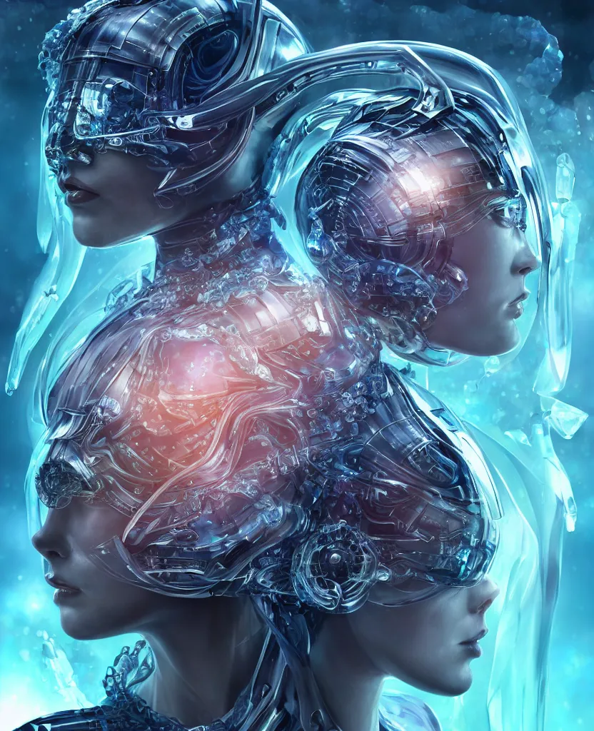 Image similar to epic futuristic ancient close-up macro portrait of the face of a beautiful princess, epic angle and pose, symmetrical artwork, 3d with depth of field, blurred background, cybernetic jellyfish crystal, obsidian, female face skull phoenix bird, translucent, nautilus, energy flows of water and fire. a highly detailed epic cinematic concept art CG render. made in Maya, Blender and Photoshop, octane render, excellent composition, cinematic dystopian brutalist atmosphere, dynamic dramatic cinematic lighting, aesthetic, very inspirational, arthouse. y Greg Rutkowski, Ilya Kuvshinov, WLOP, Stanley Artgerm Lau, Ruan Jia and Fenghua Zhong