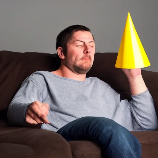 Prompt: drunk man slouched on the couch wearing a cone on his head