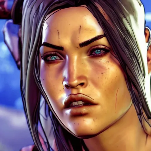 Prompt: megan fox portrait, borderlands, tales from the borderlands cinematic lighting, studio quality, 8 k