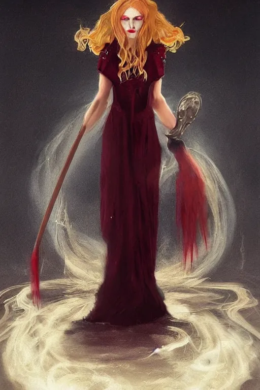 Image similar to female occultist, sweeping wild blonde hair!!, red eyes!!, portrait, high cheekbones, smug, evil, Victorian, black velvet dress, dark colors, ruby jewelry, moody, nefarious, villain, crimson halo, fantasy painting, trending in artstation, cgsociety, by Craig Mullins, Charlie Bowater, Brom, William-Adolphe Bouguereau