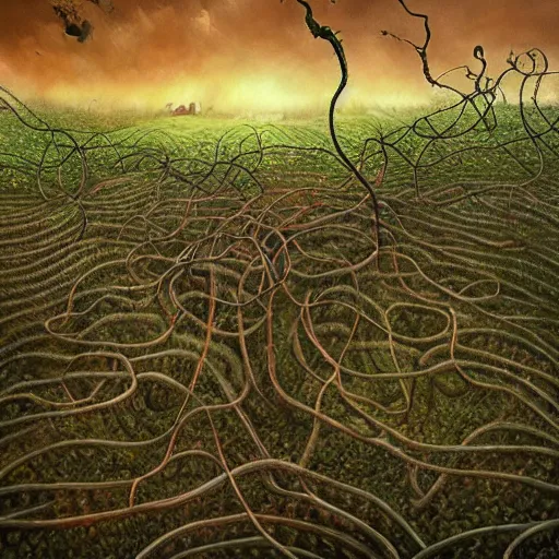 Image similar to a hyperrealistic painting of a psychedelic nightmare landscape, worms, bees, vines, by anton semenov and santiago caruso, highly detailed, vivid color,
