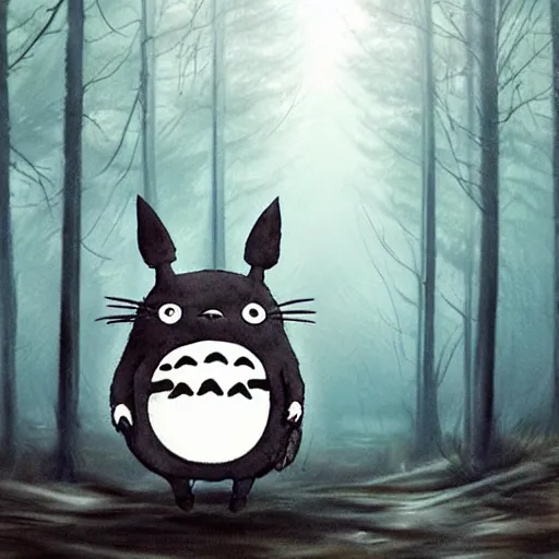 Prompt: totoro with black metal paint in the face, a drummer, electric guitar, dead people around, in the middle of the forest, fantasy digital art, wow, stunning, ghibli style, hight quality