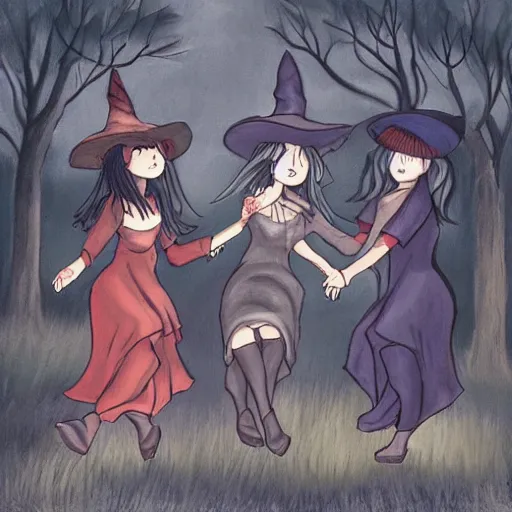 Image similar to three witches dancing while flying by a campfire in the middle of a gloomy forest, painted with gray and warm tones cute anime